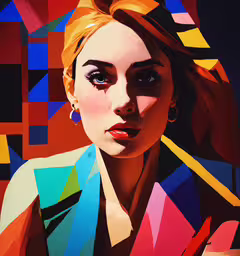 a painting of a woman with colorful triangles around her,a painting of a woman with bright blue eyes