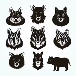 eight different animals that are on a white background,set of nine different animals for tattoo design,some animals in different poses and sizes,a set of six black and white wolf heads,a variety of animal heads are shown with a black background