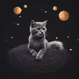 a cat with a blurry image of gold balls is sitting on the moon