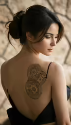 the back of a woman with tattoos on her chest