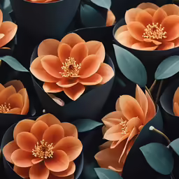 some black pots with orange flowers inside of them