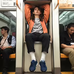 a person laying on a train with their head under their arms