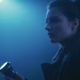 the woman is holding a camera under the spotlight