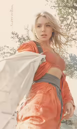 a woman is holding a white cloth on her shoulder