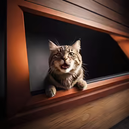 an orange striped cat sits at the top of a window sill