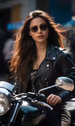 a woman in sunglasses riding a motorcycle with a leather jacket on