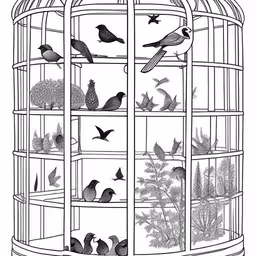 the birds are in a cage together,a birdcage filled with many different birds