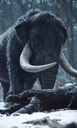 an elephant with large long horns is standing on the ground in snow