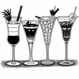 a line up of different colored cocktail glasses on a table,four martini drinks with some black and white ink