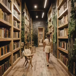 a woman walking along a library full of books