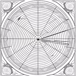 an artwork work showing the center section with different objects on it,a drawing of a flower frame,an ornate pattern of white with an abstract circular element,a diagram shows the size and direction of a circular object,an image with a grid drawing on it, a black and white photo