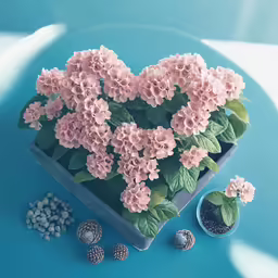 there is a plant with pink flowers and a blue background