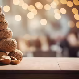 a stack of chocolate donuts on a wooden table