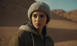 a woman standing in front of a mountain with a snowboarder cap on