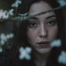 a girl is in the woods with white flowers on her face