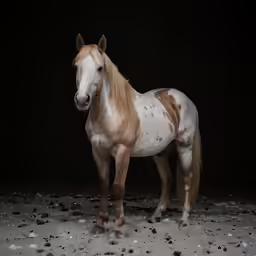 a horse stands in an empty room during the day