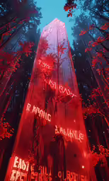 the red lights of a large illuminated building in the woods