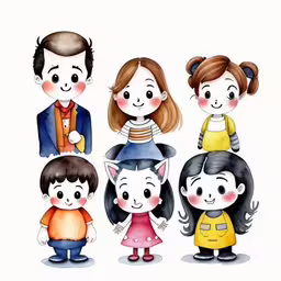 four little kids are standing next to each other,an illustration of three boys and a girl, each dressed in a family portrait