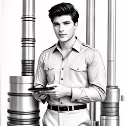 a person in uniform standing next to stacks of stacked objects