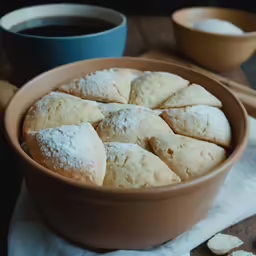 a baking pan filled with biscuits and a cup of coffee