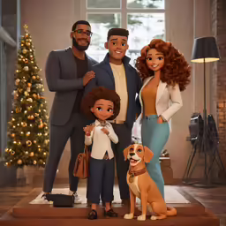 an animated family poses in front of a christmas tree