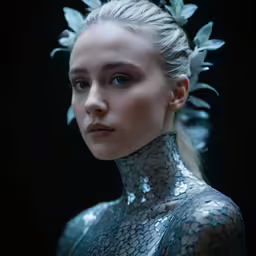 an extreme close up of a person with silver hair wearing silver outfits and flowers in her hair