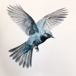 blue and black bird with outstretched wings on white background,a drawing of a bird flying against a gray sky