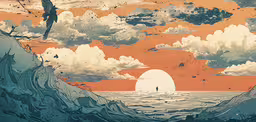 an illustration of the sun setting on a large body of water,the sunset over the ocean and the sky is reflected