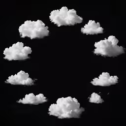 black and white photo of a seven cloud,five white clouds are arranged in a circle