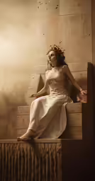 a woman wearing a dress is sitting on some steps
