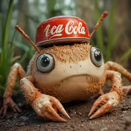 a close up of a small frog with a can hat on its head