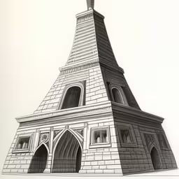 a drawing of a tall brick building with a cross on top