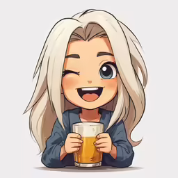 a smiling blonde haired girl holding a beer