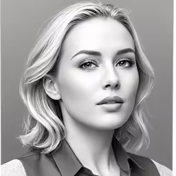 a woman in black and white looking away