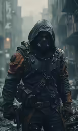 the character in metro soldier is standing near a destroyed street