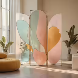 a large display in the middle of a room next to a window