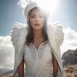 a woman with white wings stands on a mountain top