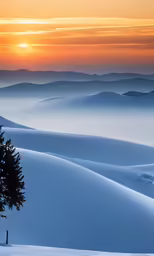 a sunset in the distance with some hills in the foreground