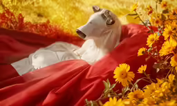 a white bull statue laying down with yellow flowers surrounding it