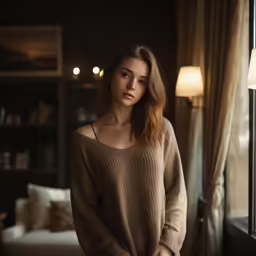 the woman stands near a window looking down at the floor
