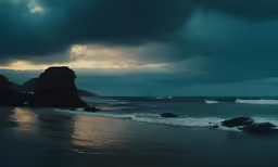 dark clouds hover above the water and rock outcroppings