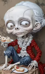 a painting of a doll with creepy faces next to a piece of bread