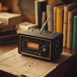 old fashioned radio sitting on table surrounded by books