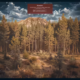 a forest scene with a mountain, clouds and the sky