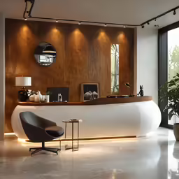 a modern office that has a round wall