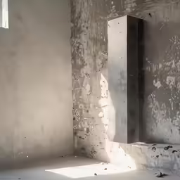 a lone window in an empty room with a concrete block