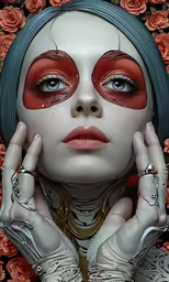 a girl with orange and blue makeup and face makeup
