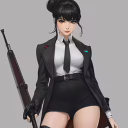 a female wearing black outfit with a gun and holding a rifle