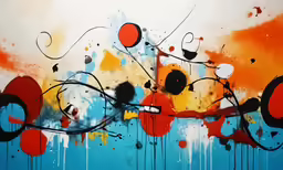 a painting of colorful flowers and circles on white and blue background