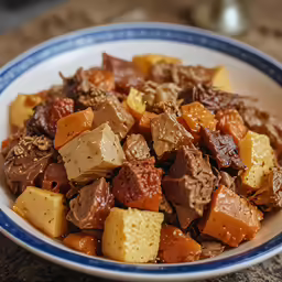 a bowl of sliced up brownies and other vegetables